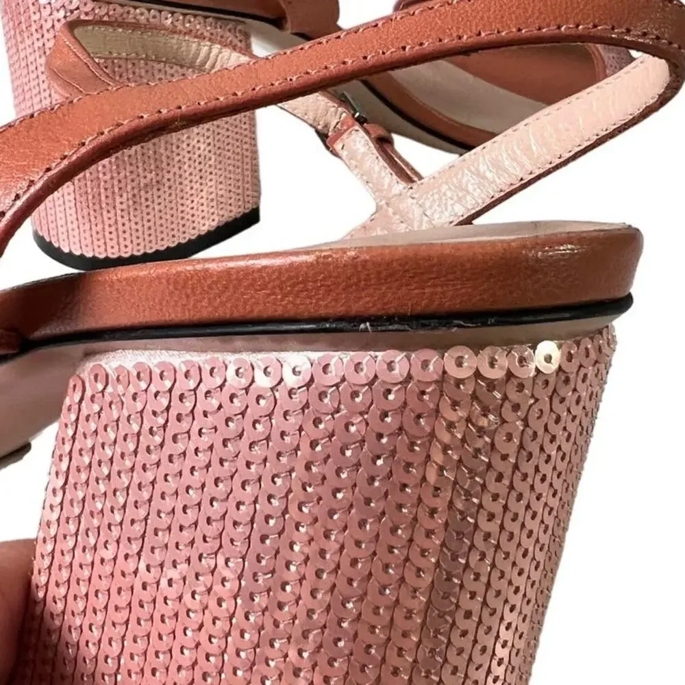 Gucci Pink Sequin GG Marmont Mid Heeled Sandals 37